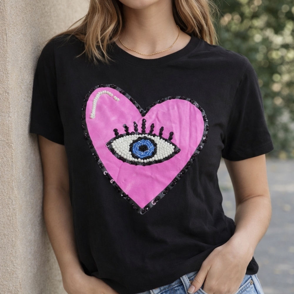 Black Sequin Heart Eye Women's Top